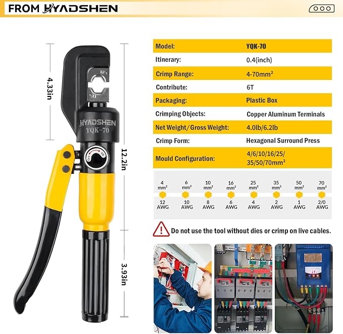 6 Ton Hydraulic Crimping Tool 12 AWG to 2/0 AWG, Battery Cable Lug Terminal Crimper With 8 dies，Easy to Operate Hydraulic Wire Crimping Tool Kit for Wire Rope