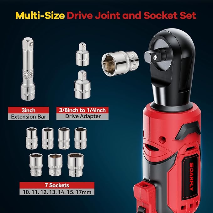 SOARFLY 3/8" Cordless Ratchet Wrench, Power Ratchet Tool Set, 60 Ft-Lbs(80N.m) Electric Ratchet Wrench with 2 * 2000mAh Lithium Batteries, 7 Sockets, LED Light, 1/4" Adapter, 3" Extension Bar