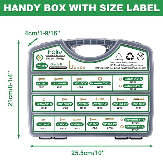 FOLIV 523PCS Grade 8 Bolts and Nuts Assortment Kit, Heavy Duty Nut and Bolt Assortment, 1/4-20 5/16-18 3/8-16 SAE Hex Bolts, Length from 1/2" to 1-1/2"