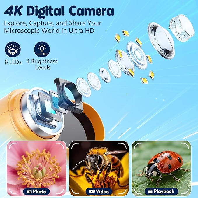 Odatay 4K 1000X Digital Microscope for Kids with Long Distance Viewing & 2.4" Screen, Portable Handheld Edu Toys for Kids Age 3-12 Exploring Bugs Plants at Home Classroom & Outdoor Travel, Yellow