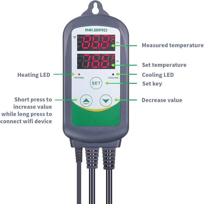 Inkbird WiFi Temperature Controller ITC308 Reptile Freezer Thermostat Digital Heating and Cooling Heater Cooler Greenhouse Plug Outlet 2 Stage 1100W 110V