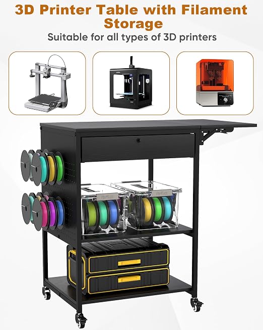 Baoz 3D Printer Stand with 40pcs Filament Storage,4 Tier 3D Printer Table Printer Stand with Wheels, Heavy Duty Filament Storage Rack with Drawers and Spool Hooks for Studio, Home Office