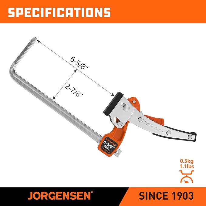 Jorgensen 6-5/8" Ratcheting Table Clamp, Quick Release Track Saw Clamp, Guide Rail Clamps for MFT Table and Guide Rail System, 2-7/8" Throat Depth, 400lbs Load Limit