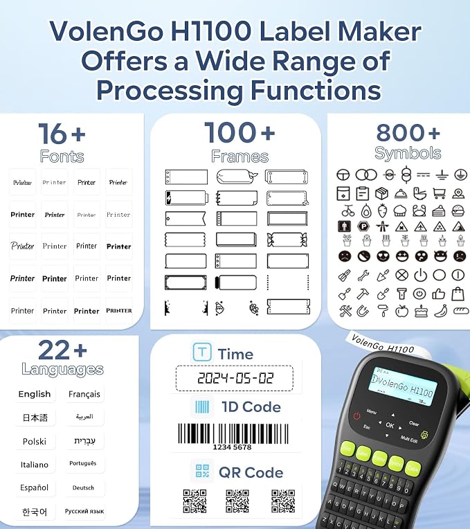 Label Maker Machine with-Tape, Wire Label Maker Waterproof-Labels, H1100 Handheld Electric Labelmaker with Keyboard, Backlit-LCD & One-Touch Key & Laminated-Tape, Home Industrial Office Organization