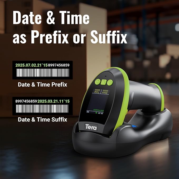 Tera Barcode Scanner Wireless with Screen: Pro Version 1D 2D QR with Setting Keypad Charging Cradle Works with Bluetooth 2.4G Wireless USB Wired Handheld Bar Code Reader HW0009 Green