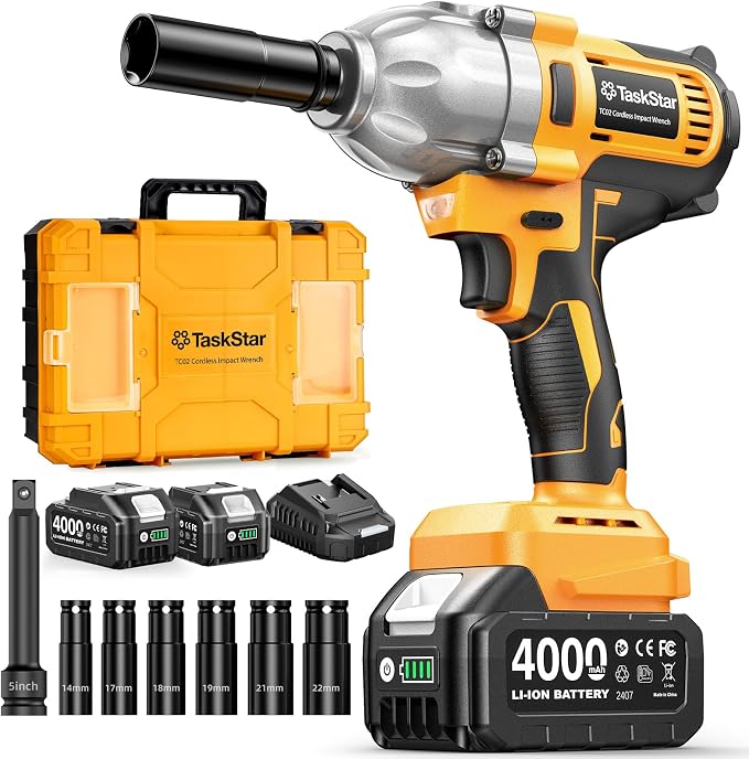 1/2" Cordless Impact Wrench, 1400N·m(1032ft・lbs) Brushless High Torque Impact Gun, Electric Impact Driver, 2x4.0Ah Batteries, LED Light, Charger, 6 Sockets, 3 Variable Speeds for Car/ Pickup/Mower
