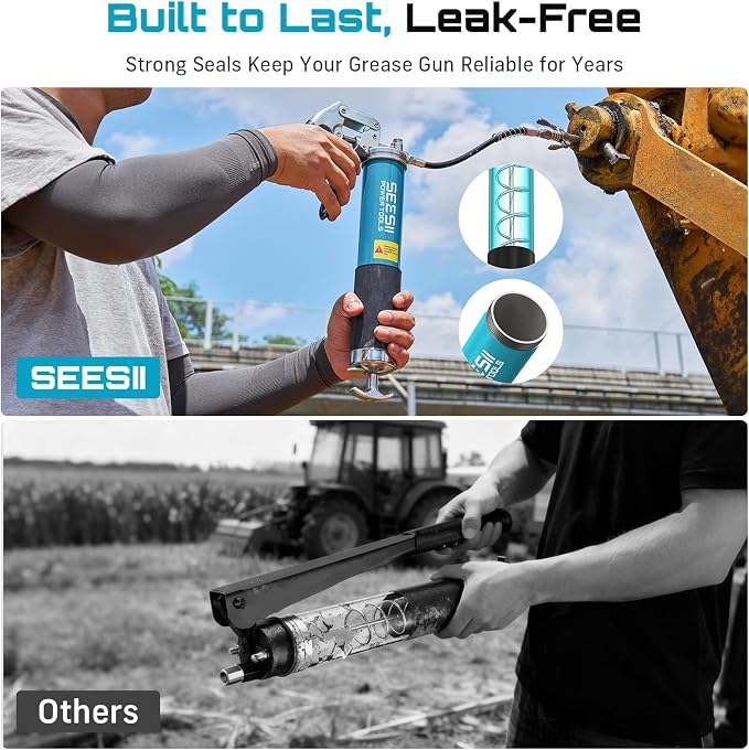 Seesii Upgraded 8000PSI Grease Gun Kit: Heavy Duty Pistol Grip Grease Gun with 14oz Capacity, Quick-Release Coupler, 90°Adapter, Flexible Hose, Rigid Pipe for Automotive, Agricultural, Industrial
