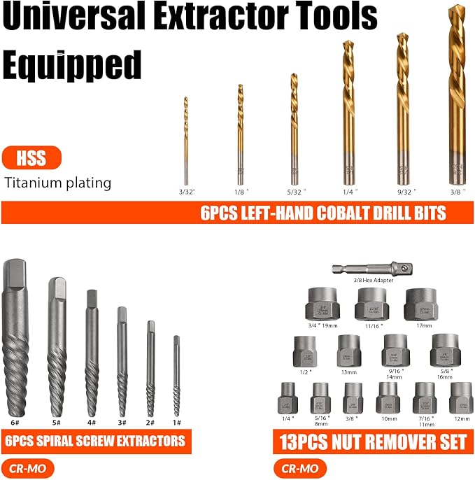 Coobeast 26Pcs Bolt Extractor Kit and Left Handed Drill Bit, Easy Out Screw Extractor with Reverse Drill Bit Extractor Set for Damaged Stripped Broken Lug Nut Bolt and Nut Remove with Hex Adapter