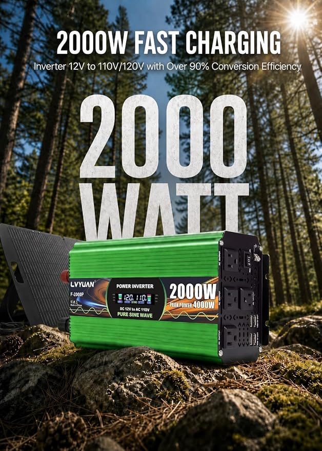 2000 Watt Pure Sine Wave Inverter, DC 12V to 120V AC Power Inverter for Vehicle, RV, Truck, Off-Grid, Car Power Inverter with 4 AC Outlet, 5V/3.1A USB, Surge 4000W