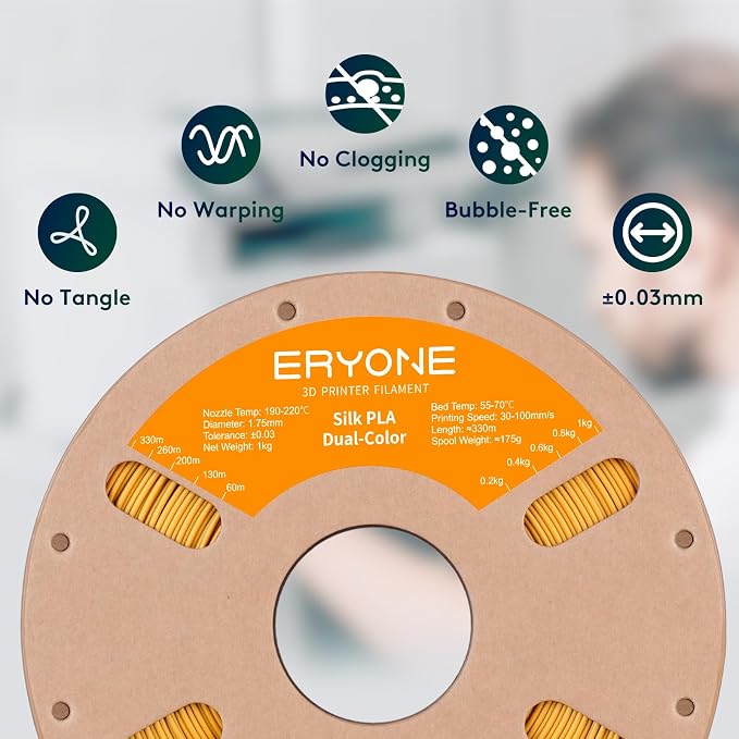 ERYONE Silk Dual Color PLA Filament 3D Printer 1.75mm +/- 0.03mm, Bicolor Filament Two Tone PLA 1KG(2.2lbs) Cardboard Spool, Black Gold