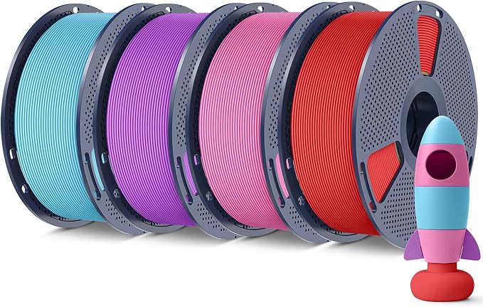 SUNLU PLA 4KG Bundle 3D Printer Filament PLA 1.75mm, Neatly Wound Filament, Matte Finish, 1kg per Spool, Pack of 4, 4 Colors, Red+Pink+Purple+Light Blue