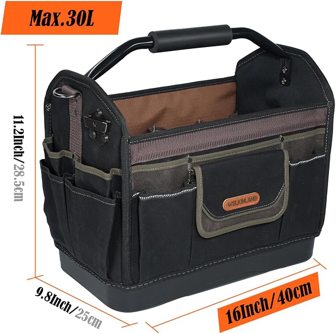 WELKINLAND 16'' Hard-Bottom Tool Tote, 32-Pocket Electrician Tool Bag, Waxed-Canvas HVAC Bag, Stay-Up Open Top Tools Tote, Quick-Access Totes For Electrician, Heavy-Duty Tools Bags For Men