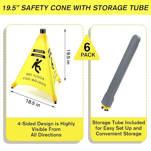Ceenna 6 Pcs 19.5 Inch Wet Floor Sign Pop-up Safety Cone with Storage Tube Wet Floor Symbol Yellow Warning Sign for Retail, Grocery, Office, Cinema, Restaurant, Mall