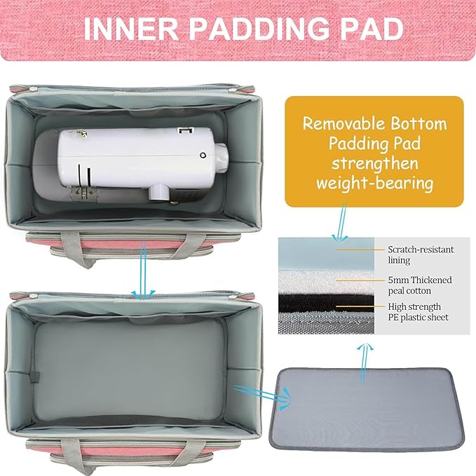 FINESUN Sewing Machine Case with Wheels, Rolling Sewing Machine Bag, Universal Craft Storage Bag for Brother Singer Janome and Most Embroidery Machine Carrying Tote Bag Pink