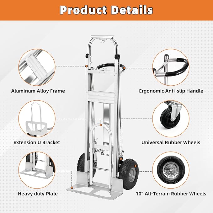 Aluminum 4 in 1 Convertible Hand Truck Dolly, 1000Lbs Capacity, Heavy Duty Folding Hand Truck Dolly Cart with Wheels 10" All-Terrain Tires, Hand Trucks for Logistics, Home, Office, School, Silver
