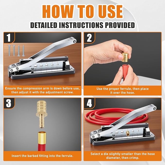 Heavy Duty Bench Hose Crimper Kit with 100 Ferrules (50x 0.593" ID& 50x 0.625" ID) - for 1/4", 5/16", 3/8" PVC, Rubber & Air Hoses Crimping Tool, Portable Torch Hose Repair Kit