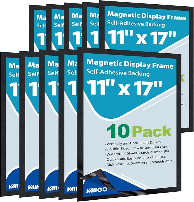 11"x 17" Self Adhesive Magnetic Sign Holder, Double Sided Window Magnetic Display Frame, Peel and Stick Picture Frames for Office/Home/Store/Door/Glass/Wall Display (Black,10Pack)