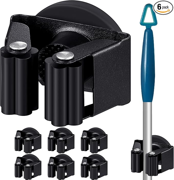 Vercraft 6 Pcs Magnetic Mop Broom Holder Movable Magnetic Broom Holder Rack, Anti Slip Wall Mounted Utility for Cleaning Tools, Garage, Kitchen, Laundry, Garden (Black)
