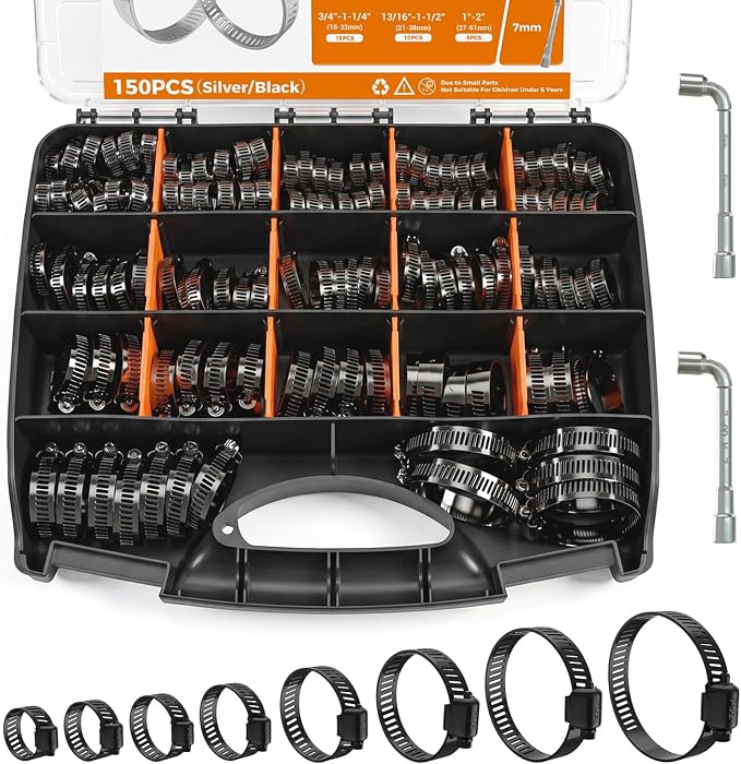 Hose Clamp 150PCS Hose Clamp 304 Stainless Steel Kit Adjustable 1/4" to 2" (16–51 mm) Worm Gear Hose Clamp, Heavy Duty Small Hose Clamps for Automotive, Fuel Line, Pipe, Radiator