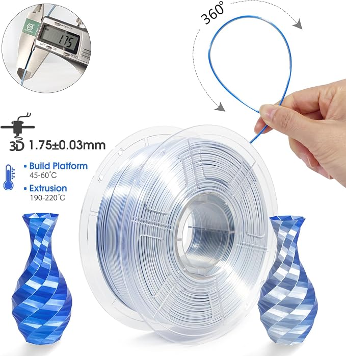 iSANMATE PLA 3D Printer Filament, PLA Filament 1.75mm Dual Color Silk PLA, Silk Blue Silver 3D Printing Filament,1 kg Spool