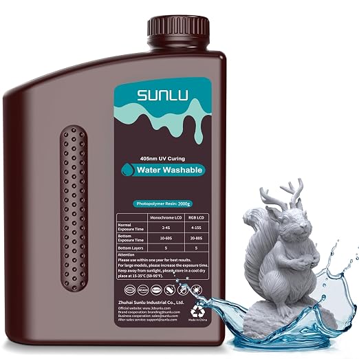 SUNLU 2kg Water Washable 3D Printer Resin, Fast Curing Low Shrinkage, High Precision Photopolymer Resin for LCD/DLP/SLA Printers,395 to 405nm UV Resin, 2000g Grey