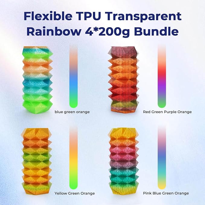 AMOLEN TPU 3D Printer Filament Bundle, Transparent Multicolor Rainbow TPU 1.75mm, Color Change Flexible Soft TPU 3D Printing Filament Supports High Speed, 200gX4 Spools