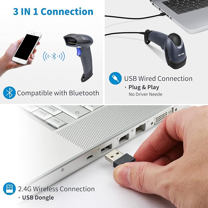 NETUM Wireless 2D QR Barcode Scanner Bluetooth with Stand, 3 in 1 Automatic Bar Code Imager Reader Handhold Scanner Gun Compatible for Laptops, Computers, Cashier, POS -M8S