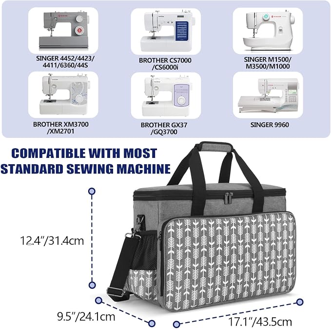 Yarwo Sewing Machine Carrying Case with Thicken Bottom Board, Universal Sewing Machine Tote Compatible with Most Standard Sewing Machine and Accessories,Gray with Arrow