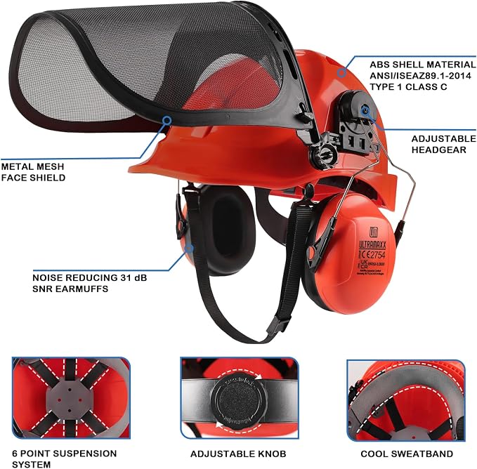 UM ULTRAMAXX 6-in-1 Chainsaw Helmet with Mesh Face Shield and Hearing Protection Ear Muffs, Forestry Safety Hard Hat Kits, ANSI Z89.1 Approved Certified Arborist Helmet, Orange