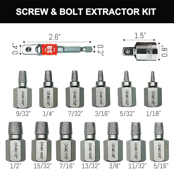 15PCS CR-MO Screw Extractor Set – 3/8" Hex Drive Multi-Spline Easy-Out Kit for Broken, Stripped, Rounded Screws/Bolts, Broken Bolt Remover，Includes Adapter & Blow-Molded Case (1/8"-1/2")