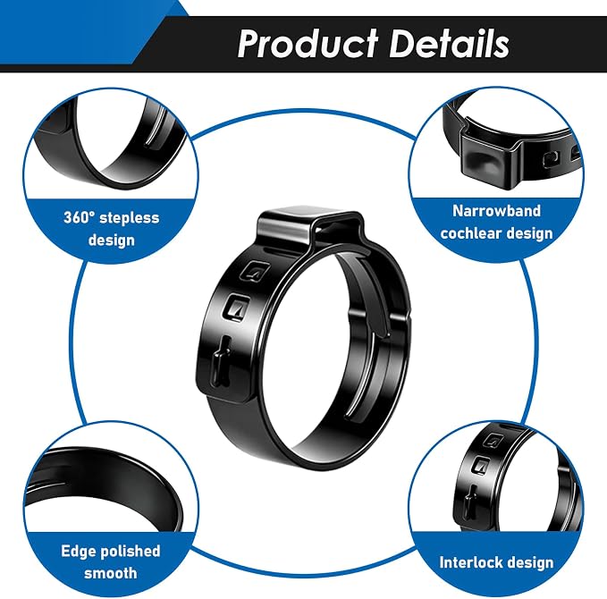 250Pcs 14 Sizes Single Ear Hose Clamp, 5.3-33.1mm 304 Stainless Steel Black Ear Hose Clamp Kit with Ear Clamp Pincer for Automotive, Plumbing, Fuel Line