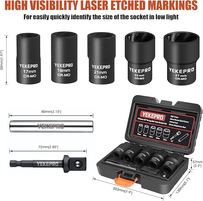 7PCS Lug Nut Removal Tool, 1/2" Drive Impact Twist Lug Nut Removal Socket Set, Wheel Lock Removal Kit, Stripped For Damaged, Frozen, Studs, Rusted, Nuts & Screws, Cr-Mo Steel