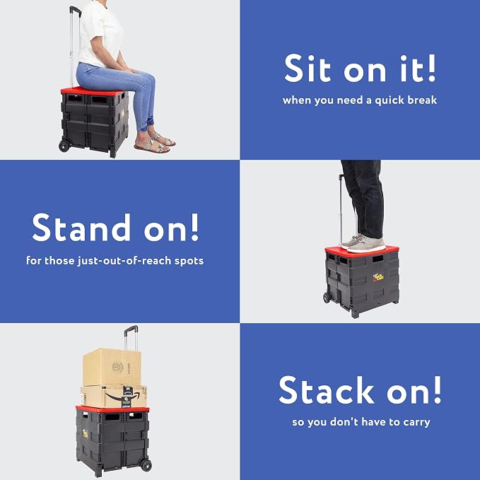 dbest products Quik Cart Collapsible Rolling Crate on Wheels for Teachers Tote Basket 80 lbs Capacity, Made from Heavy Duty Plastic and used as a Seat, Standard, Red