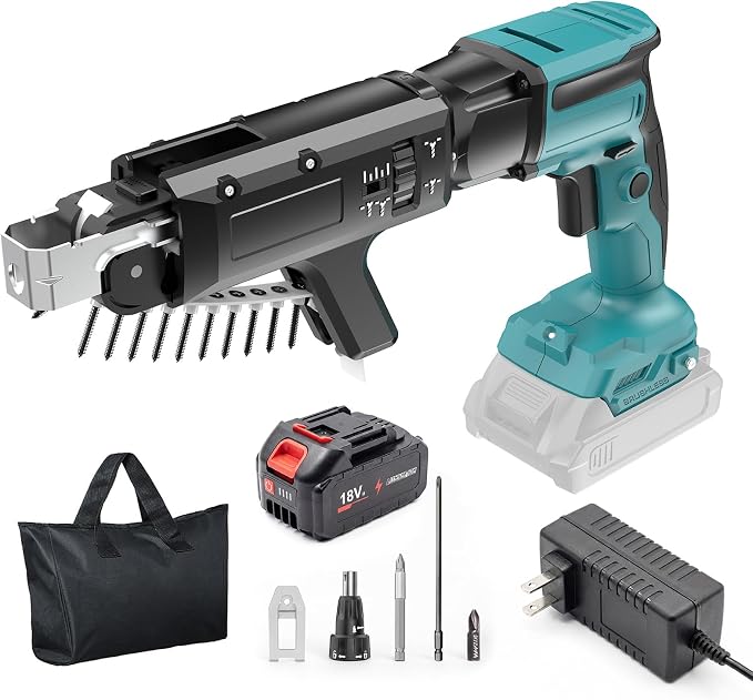 18V Cordless Drywall Screw Gun, 2-in-1 Self-Feeding Drywall Screwdriver | Includes Collated Attachment, Tool Bag and 4.0Ah Battery, Perfect for DIY and Professional Use