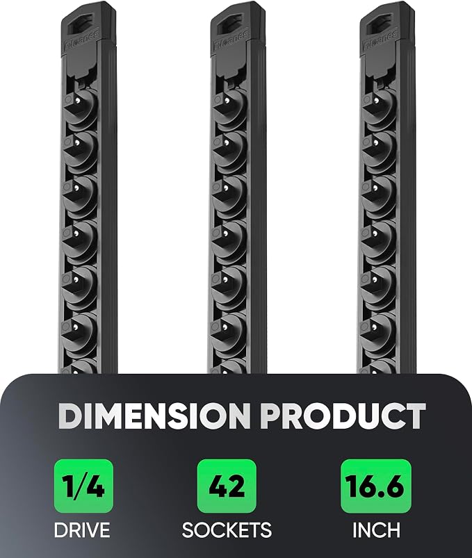 ALOANES Magnetic Socket Organizer Set, 3-Piece Heavy Duty Aluminum Socket Rails, 360° Swivel Clips Socket Rail Kit for Tool Tray Drawer Fit 1/4-Inch x 42 Clips (Black, 3PC)