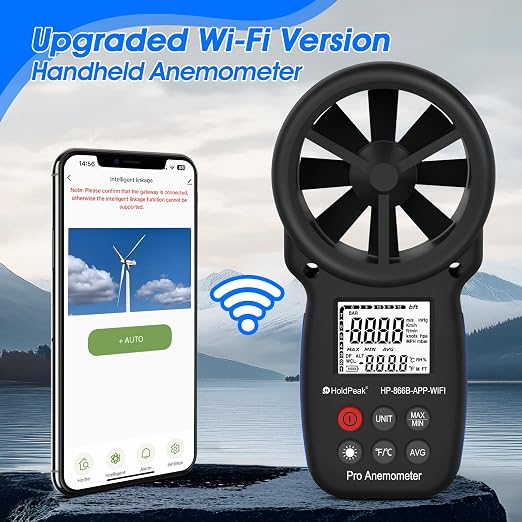 Professional WiFi Anemometer, Smart Wind Speed Meter Gauge with APP, 0.3-40m/s Range, Measures Wind Temp, Max/Min/Avg, Backlight, Ft/min, Knots, Km/h, Mph, (866B-APP-WIFI)