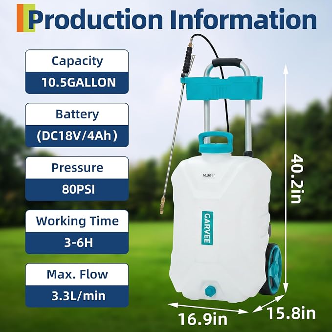 Garvee 10.5 Gallons Battery Powered Sprayer with Wheeled Cart, 18V 4Ah Electric Sprayer with 6 Nozzles & 2 Wands, 4-6 Hour Runtime, 80PSI Adjustable Pressure, Trigger Lock, Yard Sprayers for Lawn