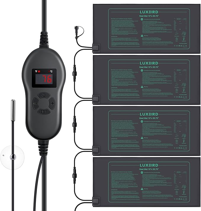 LUXBIRD 4 Pack Seedling Heat Mats with Digital Thermostat Controller, 10" x 20.75" Waterproof for Seed Starting, Germination, Hydroponics, Brewing, Breeding, Greenhouses (LB-HT04)