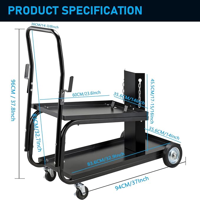 Welding Cart, MIG TIG ARC Welder Cart w/Upgraded Handle, Galvanized Casters， 330lbs Capacity Portable Welding Tank cart, Plasma Cutting Machine, Larger Running Gear with Cylinder Rack