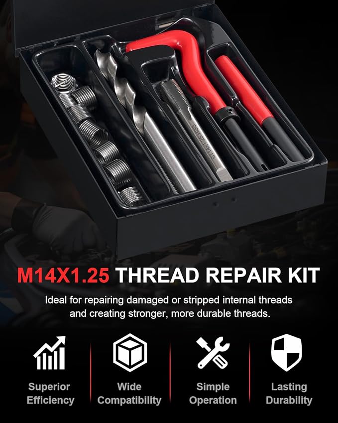 Kolvoii M14×1.25 Helicoil Thread Repair Kit for Spark Plug, Metric M14 Helicoil kit with HSS Drill Bit, Tap & Stainless Steel Inserts for Cylinder Head Engine Spark Plug Stripped Hole Repair
