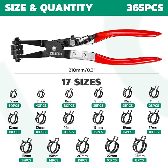 OURU 365PCS 6-25mm Spring Band Hose Clamps Assortment kit with Hose Clamp Plier, Constant Tension Hose Clamps for Fuel Lines, Silicone Vacuum Hoses, Water Pipe, Low-Pressure Air Clips