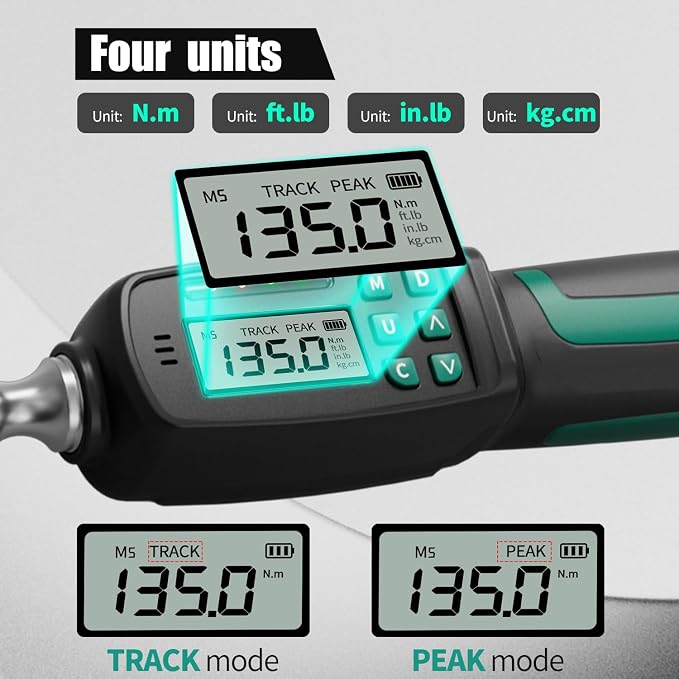1/2" Digital Torque Wrench 2.9-99.6 ft-lb/4-135 Nm, ±2% Accuracy, LED & Buzzer Alerts, 4 Units, Industrial CR-V Steel, Calibration Report & Protective Case for Car, Motorcycle, Bike Repair