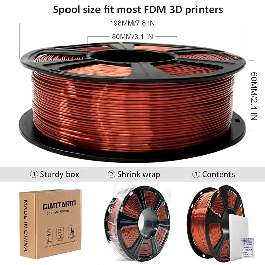 GIANTARM 3D Printer Filament, Silk Copper Pla Filament, 1Kg(2.2lbs) Spool, 1.75mm Dimension Accuracy +/- 0.03mm, 3D Printing Filament