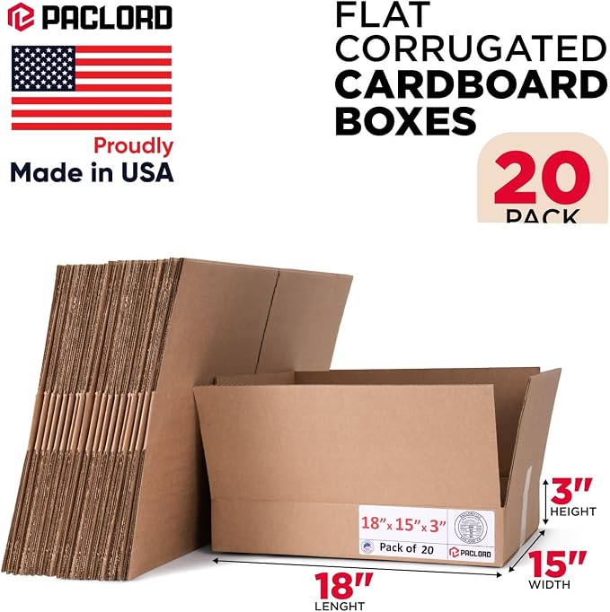 Flat Cardboard Boxes 18"L x 15"W x 3"H (Pack of 20) - USA-Made Packing Boxes for Moving, Shipping, or Storage - USPS, UPS, FedEx Approved - Professional Packing Supplies for Moving | USA-Made Packing Boxes for Moving, Shipping, or Storage - USPS, UPS, ...