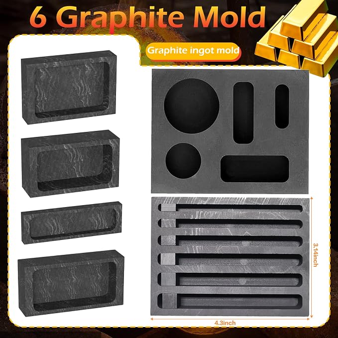 16 Pcs Graphite Torch Melting Casting Kit, Includes 2 Graphite Crucibles for Melting Metal, 2 Stir Stick, 6 Casting Mold, 2 Soldering Block, 2 Quartz Crucible, 2 Tongs