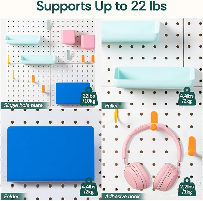 Wall Mounted Key Hooks Organizer with Pegboard Panel, 44"x22" Heavy Duty Pegboards with 2 Installation Methods, Hanging Wall Storage for Home, Garage & Office, White