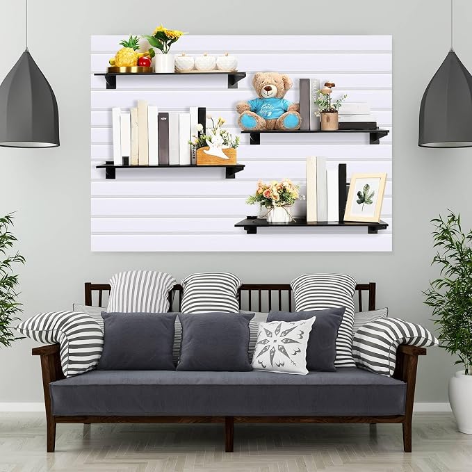 Barydat 4 Sets 23.6 x 11.8 Inch Slatwall Shelves with Metal Brackets Set Heavy Duty Slat Wall Knife Shelf Bracket Accessories Wall Organizer for Garage and Retail Display, Black