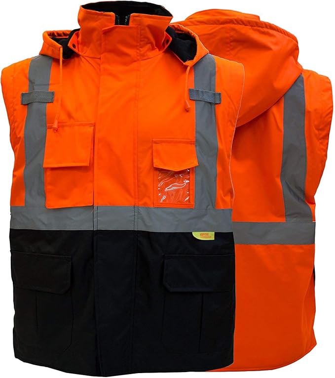 NY Hi-Viz Workwear J8511/J8512 Men's Ansi Class 3 High Visibility Safety Jacket With Zipper, PVC Pocket, Black Bottom