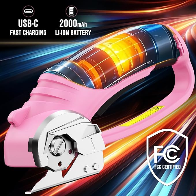 Cordless Electric Scissors 4V Rechargeable Cardboard Cutter with 4 SK5 Blades, 2000mAh Battery, LED Light, Electric Box Cutter 1/3” Cutting Capacity Power Cutter for Fabric Carpet Leather - Pink