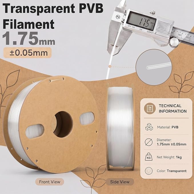 Transparent PVB Filament for 3D Printer 1.75mm 1kg 3D Printer Filament Compatible with Most FDM Printers, Easy Surface Smoothing with Ipa Alcohol, PLA-like Printing Performance, Vacuum Sealed